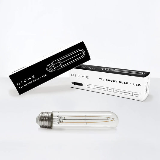 T10 Short LED Bulb 120V by Niche; two boxes, clear filament, warm white 2200K 350LM on Tampa Home & Garden Store