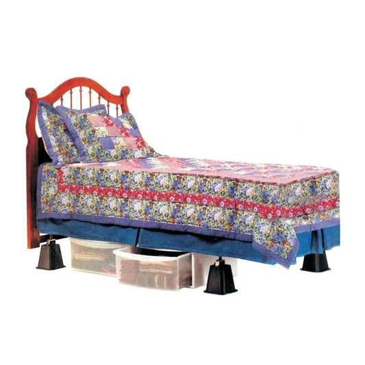 Wooden bed with headboard and a patchwork quilt, blue bed skirt, and under-bed storage bins on Tampa Home & Garden Store