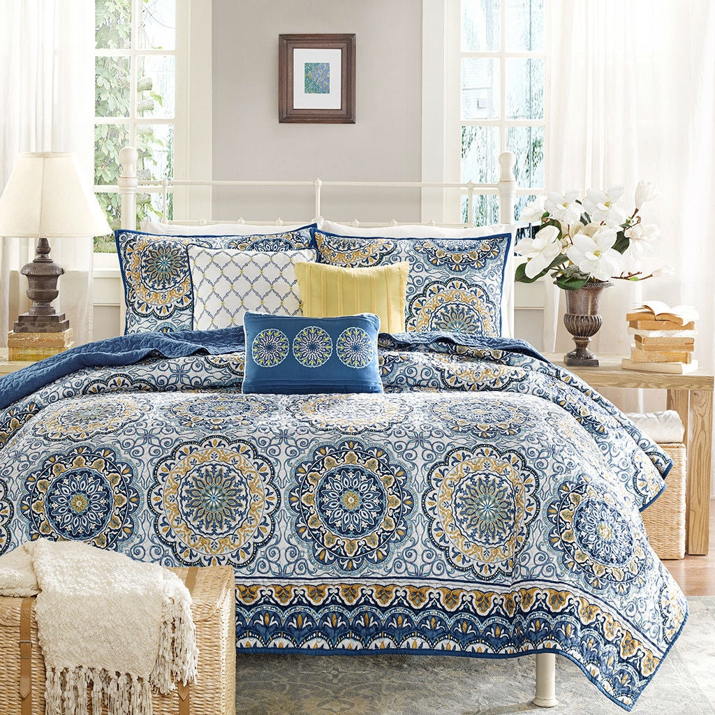 Juego de edredón con cubrecama de 6 piezas tamaño queen con estampado floral azul