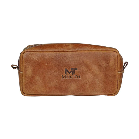 MaheTri Buffalo Leather Toiletry Bag brown textured leather with MaheTri logo on Tampa Home & Garden Store