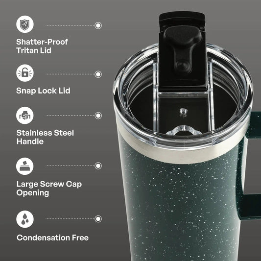 TAL Mountaineer Travel Mug 20 oz Teal Speckle; teal speckled stainless steel mug with Tritan lid on Tampa Home & Garden Store