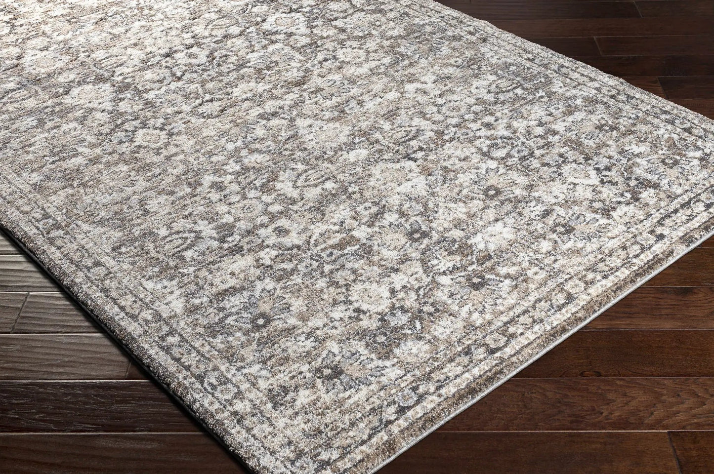 Talihina Brown Luxe Damask Rug, charcoal pattern, Turkish-made on Tampa Home & Garden Store