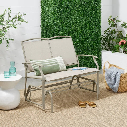 2 Seat Mesh Patio Loveseat Swing Glider Rocker with Armrests in Taupe - Tampa Home & Garden Store