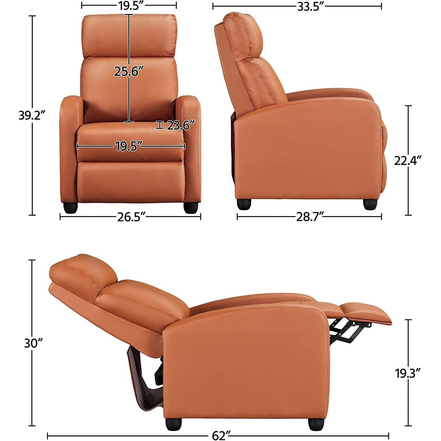 Sillón reclinable push-back de piel sintética de alta densidad color marrón