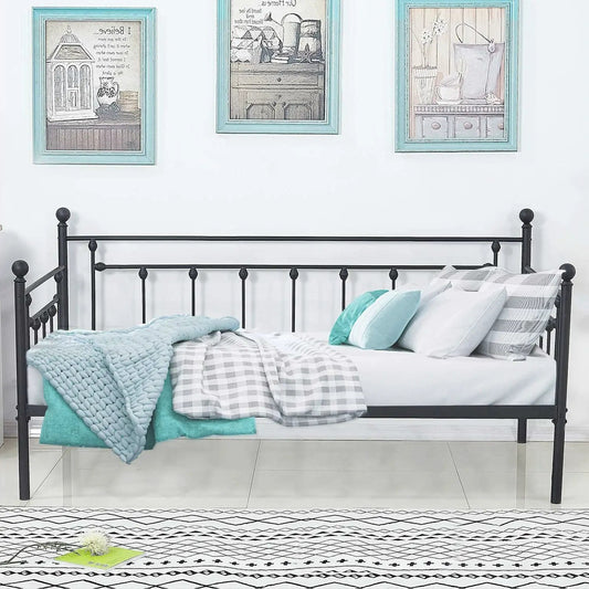 Twin Size Classic Black Metal Daybed Frame with teal bedding and striped pillows on Tampa Home & Garden Store