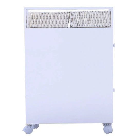 Bathroom floor cabinet with two wicker baskets and caster wheels, white finish, HomePacific on Tampa Home & Garden Store