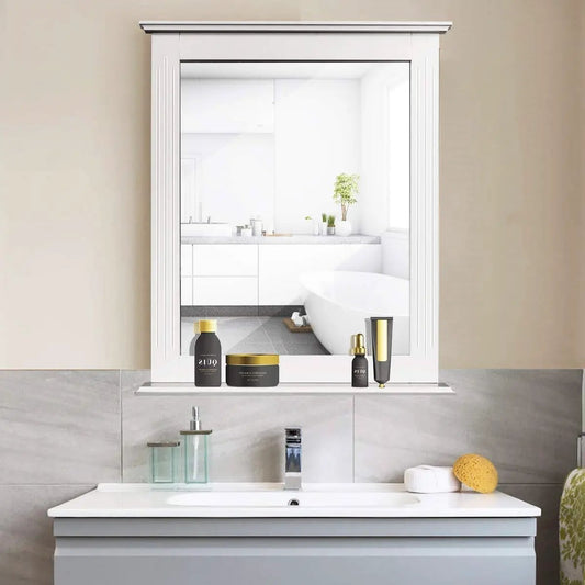 White rectangle vanity wall mirror with fluted frame and bottom shelf for bathroom use on Tampa Home & Garden Store