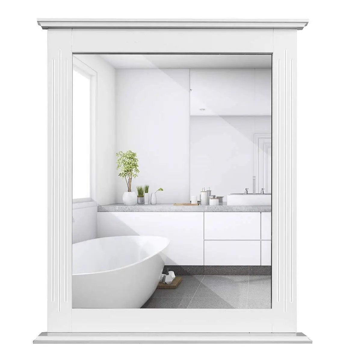 White Rectangle Bedroom Bathroom Vanity Wall Mirror with Bottom Shelf - Tampa Home & Garden Store