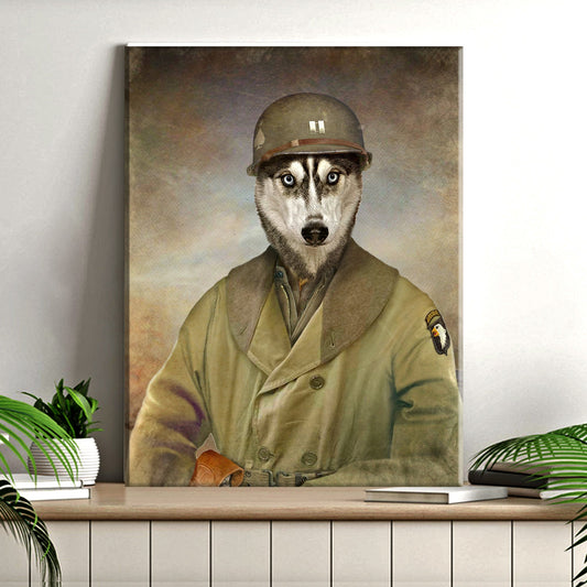 Pet Husky Military Dog Sign canvas print in a khaki uniform with helmet on Tampa Home & Garden Store