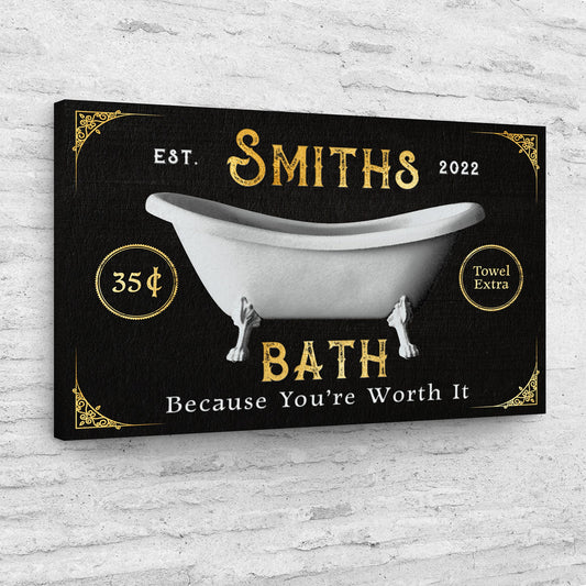 Tailored Canvases Family Bath Sign II canvas with black background, white bathtub image on Tampa Home & Garden Store