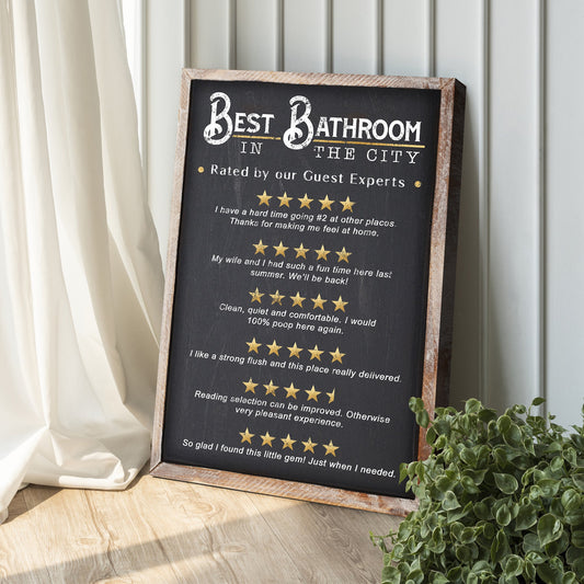 Best Bathroom In The City Sign II canvas, chalkboard black with white text on Tampa Home & Garden Store