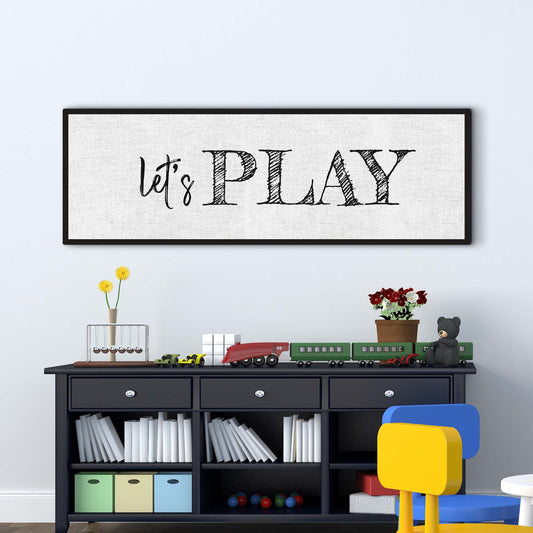 Let's Play Sign canvas in a black frame with linen fabric by Tailored Canvases for crafting on Tampa Home & Garden Store
