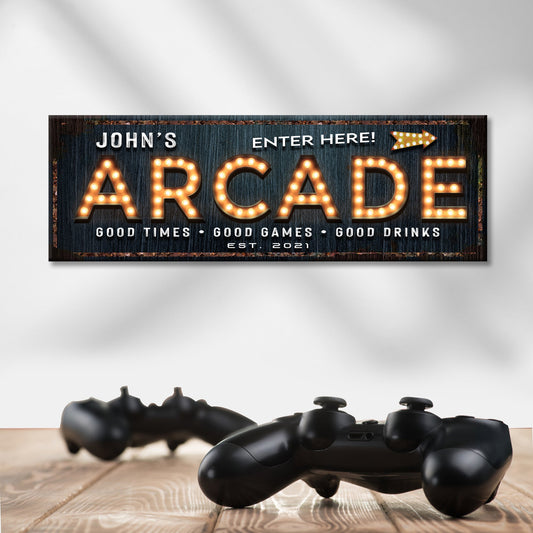 Arcade Enter Here Sign canvas with rustic blue wood panel and illuminated ARCADE marquee letters on Tampa Home & Garden Store