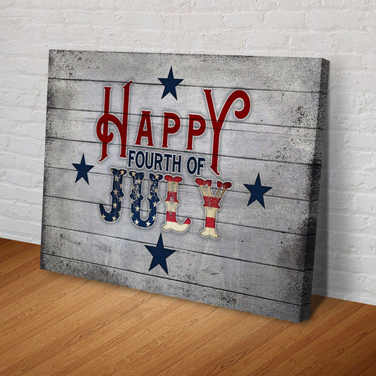 Happy Fourth of July canvas sign with red lettering and blue stars on rustic wood panel on Tampa Home & Garden Store
