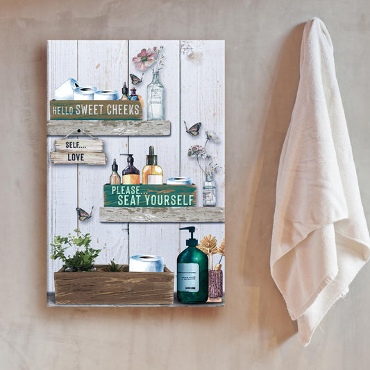 Seat Yourself Sign canvas by Tailored Canvases with teal Hello Sweet Cheeks text on Tampa Home & Garden Store