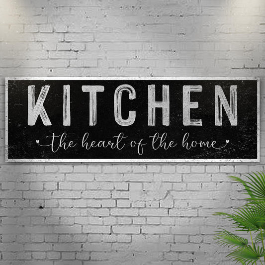 Kitchen Is The Heart Of The Home Sign III canvas wall art with bold KITCHEN on black board on Tampa Home & Garden Store