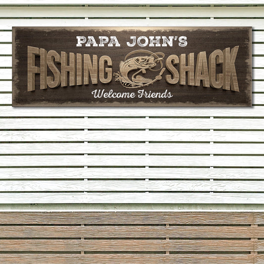 Fishing Shack II canvas sign with distressed brown wood background and beige lettering on Tampa Home & Garden Store