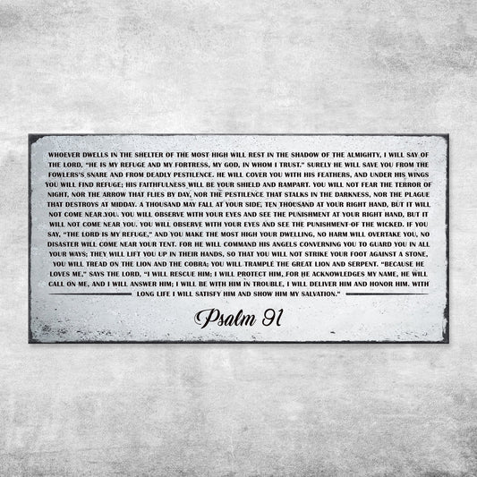 Canvas sign featuring Psalm 91 scripture in bold uppercase letters with a distressed border on Tampa Home & Garden Store