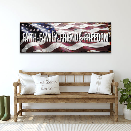 Faith Family Friends Freedom sign canvas by Tailored Canvases with distressed flag backdrop on Tampa Home & Garden Store