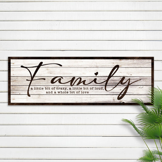 Canvas family sign with rustic whitewashed wood, dark frame and large script 'Family' quote on Tampa Home & Garden Store