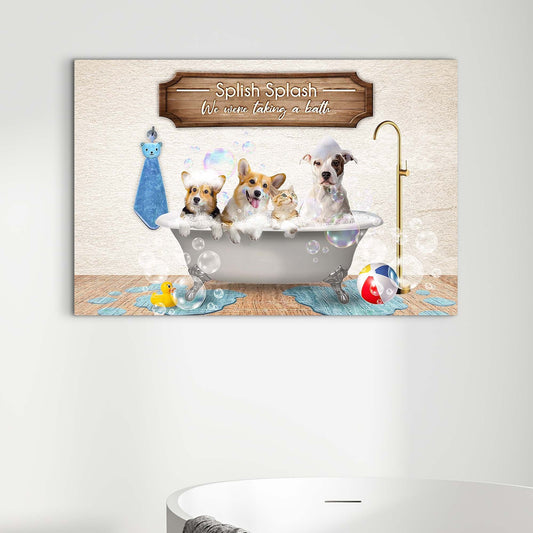 Canvas sign Splish Splash We Were Taking A Bath with wood plaque and dogs in a tub on Tampa Home & Garden Store