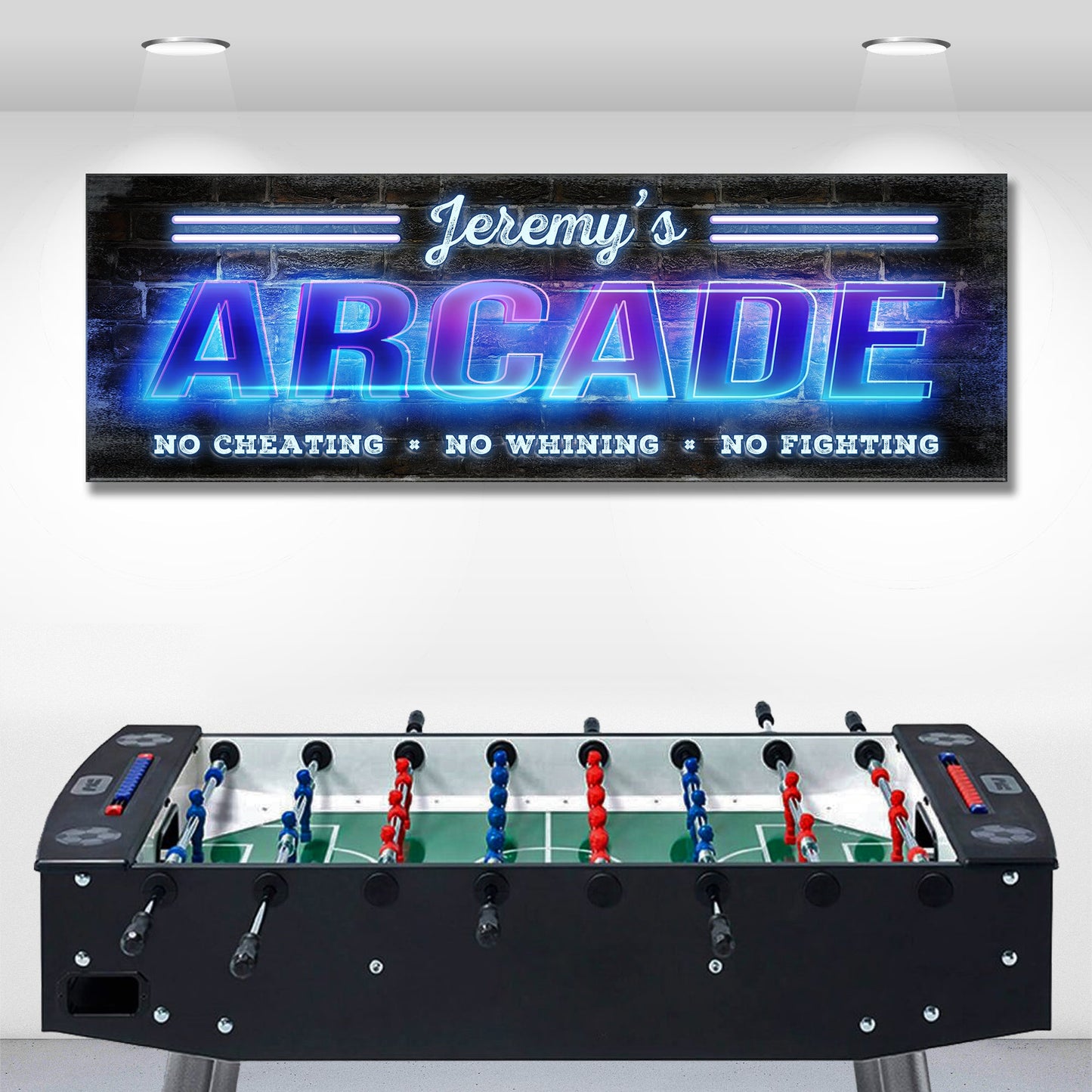 Arcade Family Sign canvas artwork with neon blue lettering on brick wall; foosball table visible on Tampa Home & Garden Store