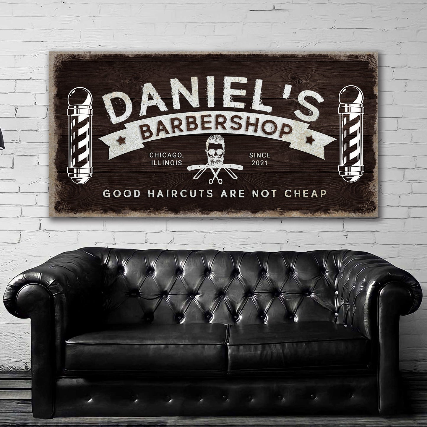 Barbershop sign canvas with dark wood grain and white barber poles on both sides on Tampa Home & Garden Store