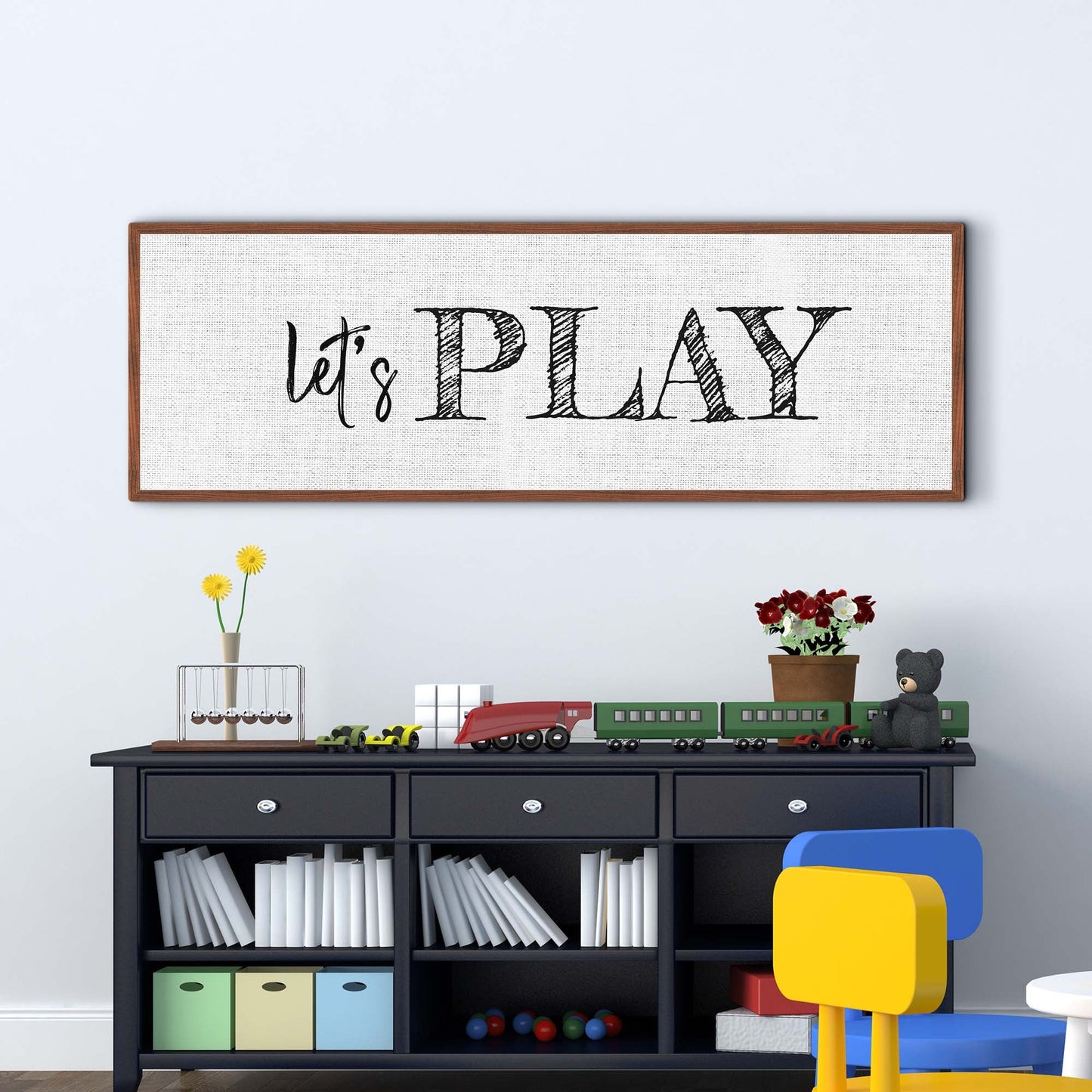 Let's Play Sign canvas by Tailored Canvases, wood-framed craft canvas with black lettering on Tampa Home & Garden Store