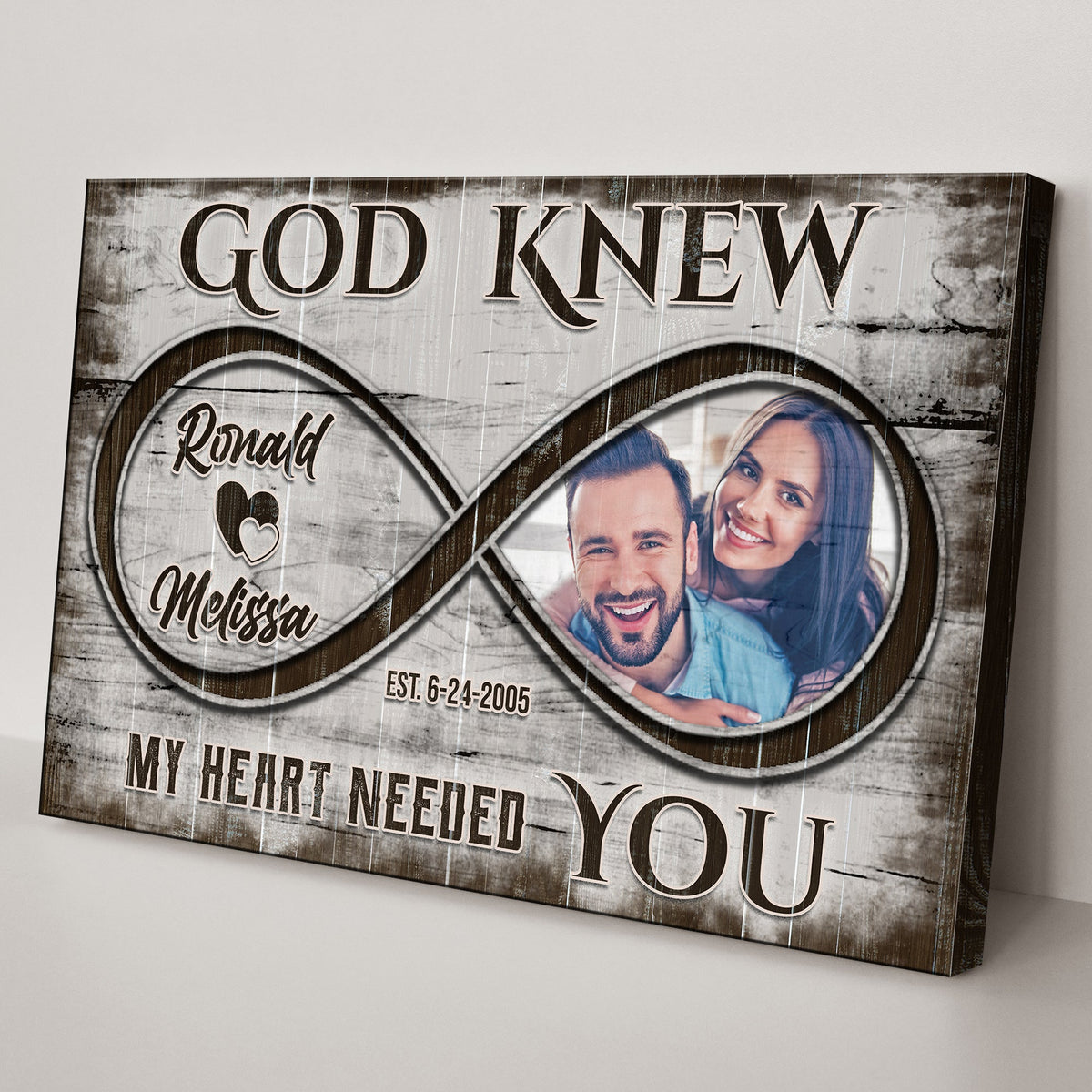 Canvas God Knew Couple Sign II by Tailored Canvases, rustic wood-look Crafting Canvas with circular photo portraits on Tampa Home & Garden Store