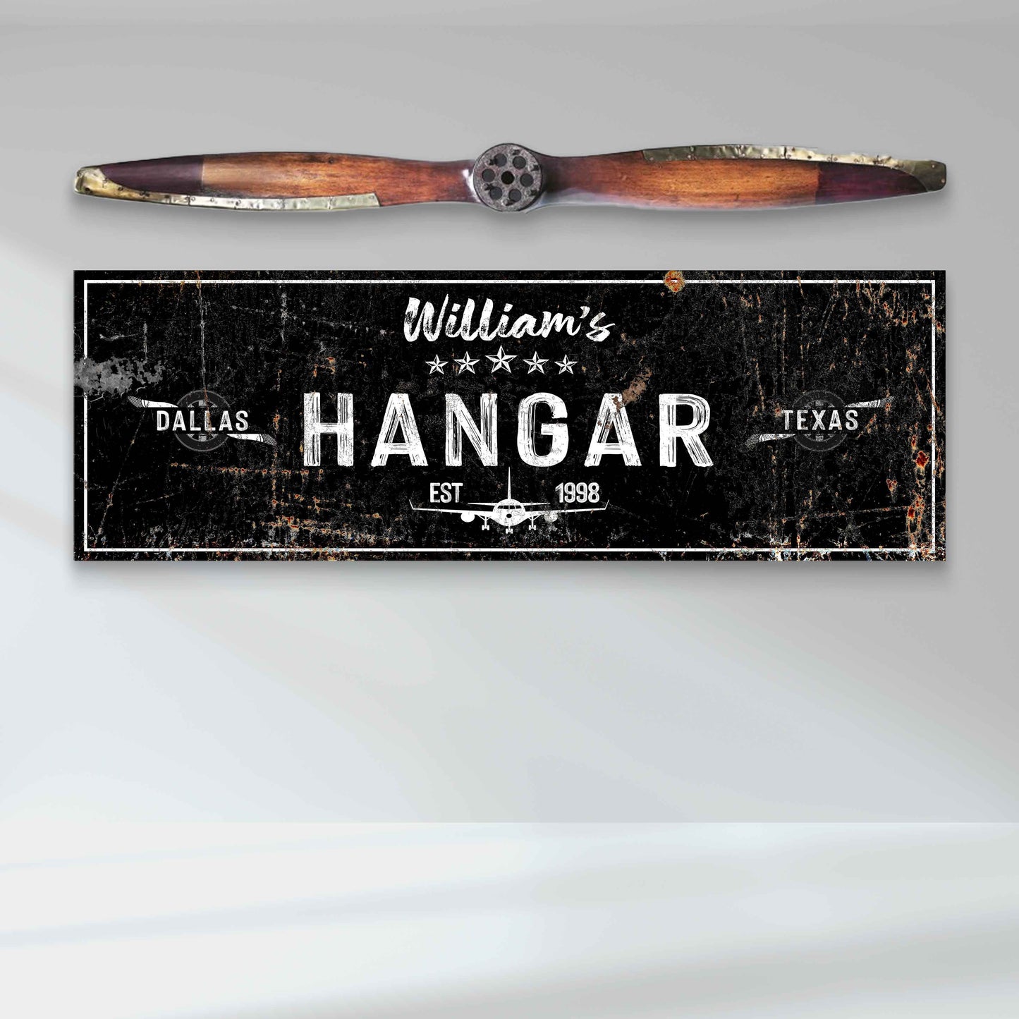 Hangar Sign II canvas craft with black background and HANGAR text by Tailored Canvases on Tampa Home & Garden Store