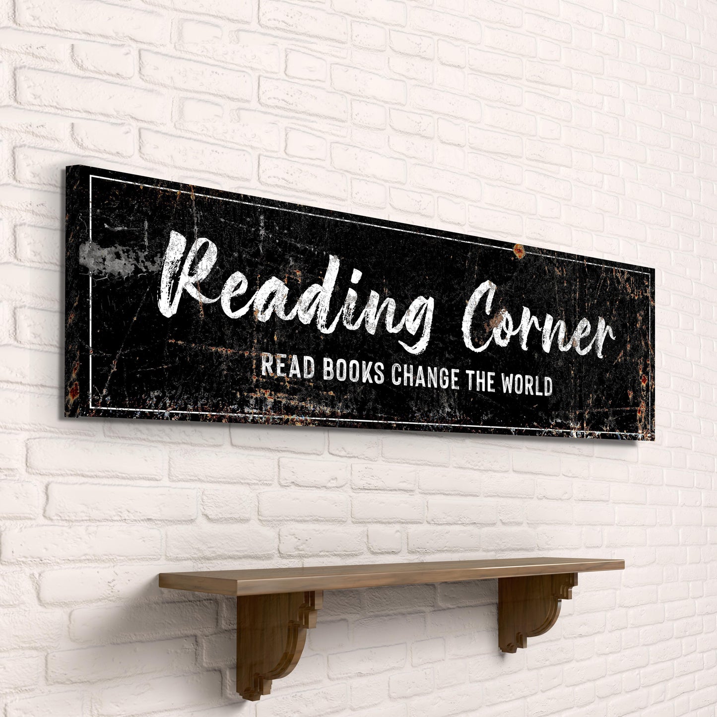 Reading Corner canvas sign by Tailored Canvases, black distressed background with white script on Tampa Home & Garden Store