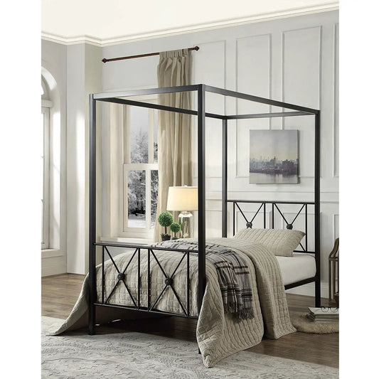 Twin black metal canopy bed with medallion accents for a stylish bedroom on Tampa Home & Garden Store