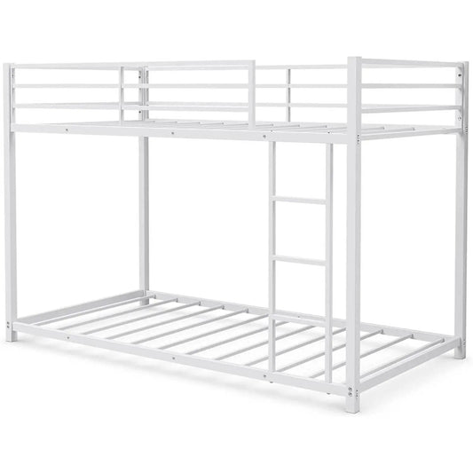 Twin over Twin White Metal Bunk Bed Frame by HomePacific with ladder and guard rails on Tampa Home & Garden Store