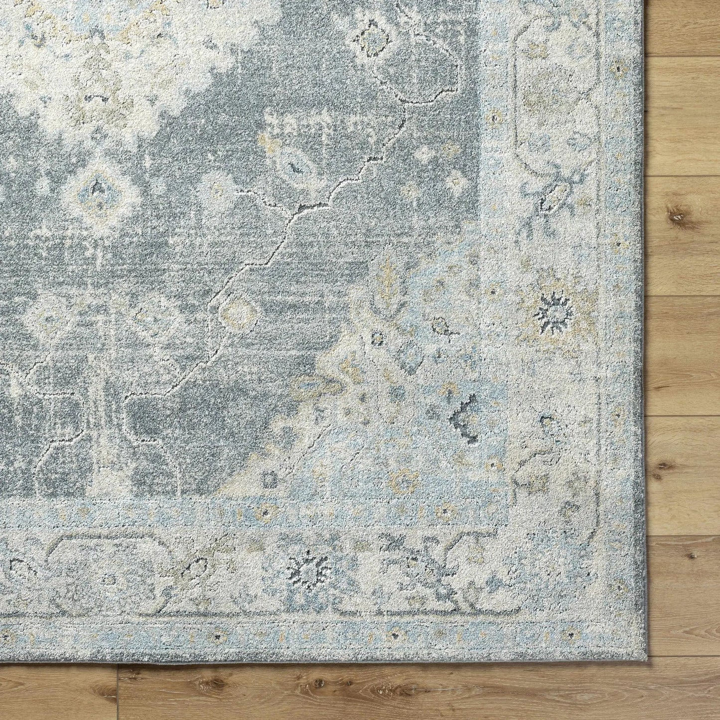 Tyche Tan Thick Luxe Traditional Area Rug by Boutique Rugs in blue gray distressed pattern on Tampa Home & Garden Store