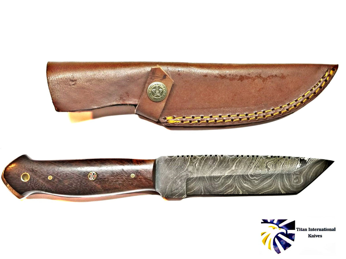 TD-049 knife with Damascus blade, wood handle, leather sheath by Titan International Knives on Tampa Home & Garden Store