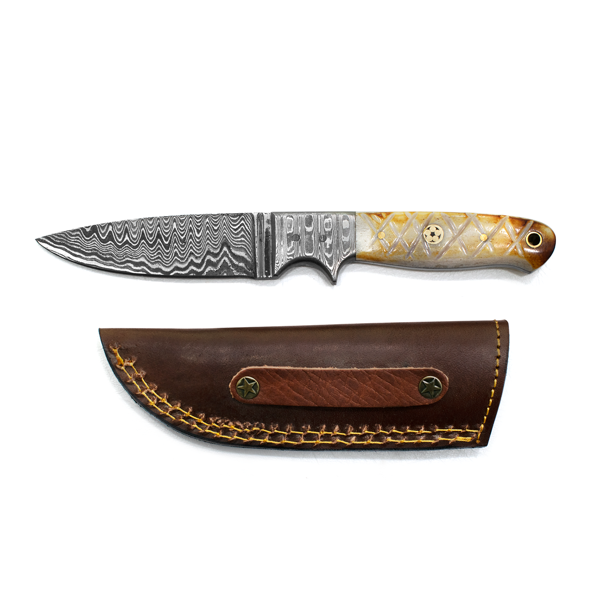 Drop Point Damascus TD-102 knife by Titan International K with wavy blade and leather sheath on Tampa Home & Garden Store