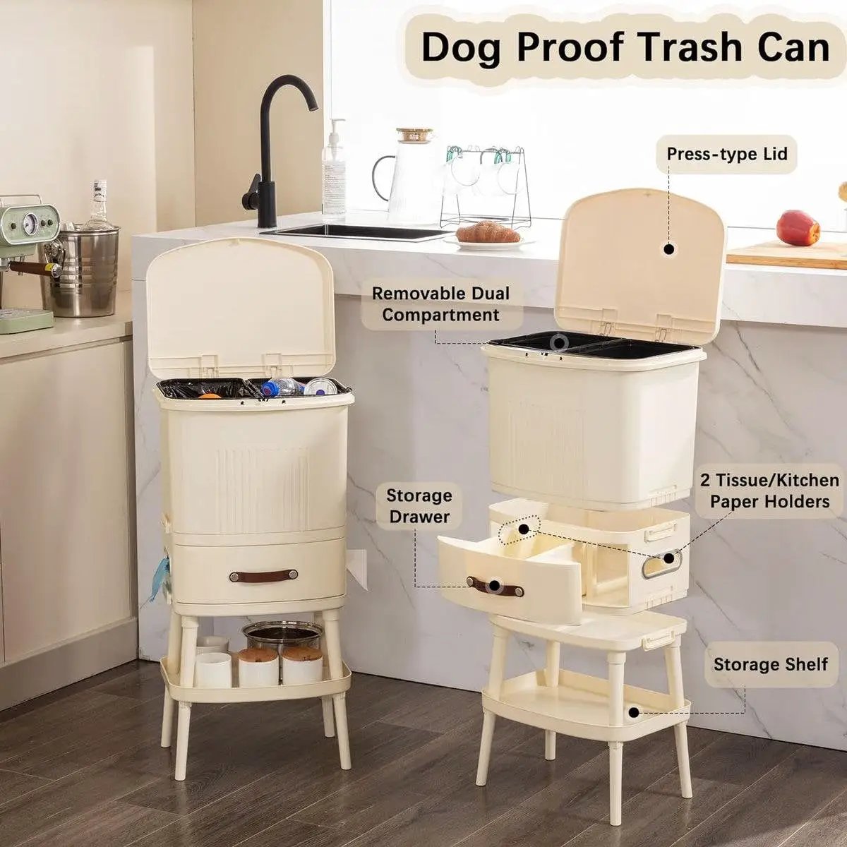 8 Gallon Elevated Trash Can with Lid and Shelf