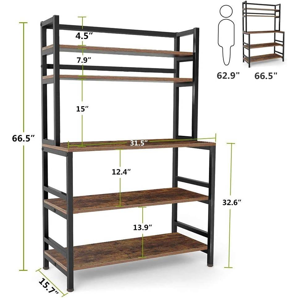 Estantería de panadero de cocina moderna industrial, veta de madera marrón, marco de metal resistente