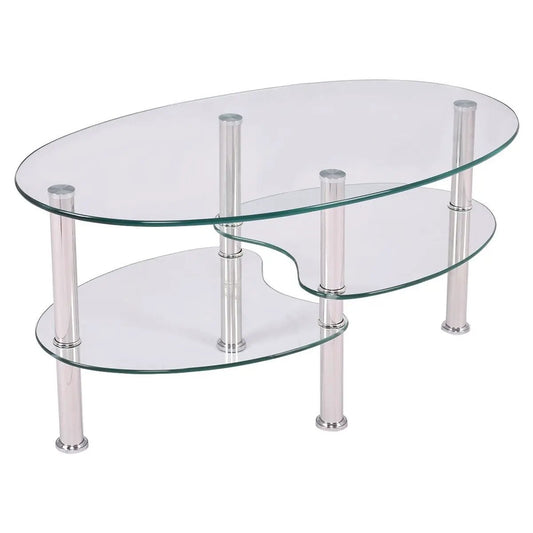 Modern oval tempered glass coffee table with chrome legs and two-tier shelves on Tampa Home & Garden Store