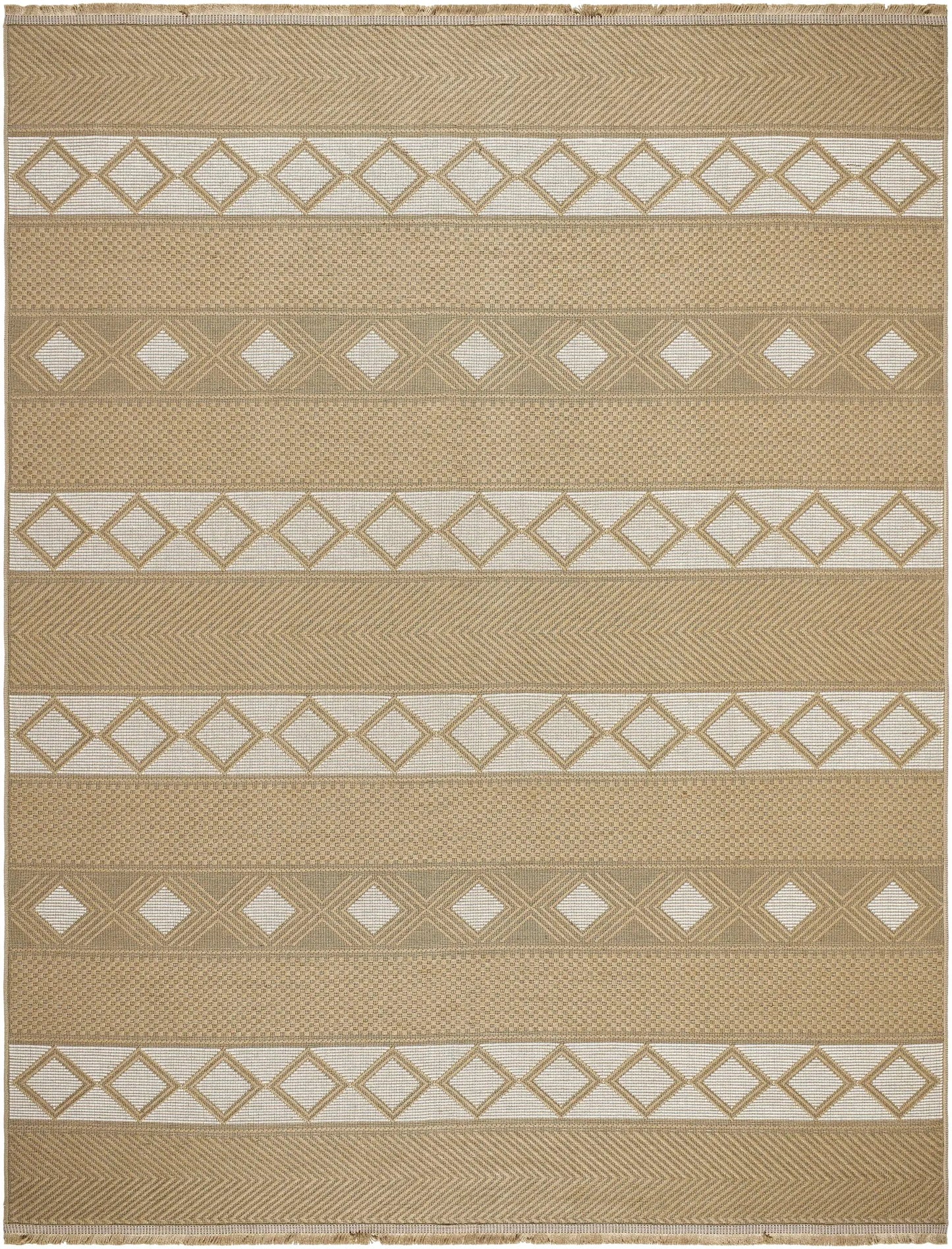 Tomai Washable Jute Rug tan with fringe; rectangular beige rug with diamond and striped bands on Tampa Home & Garden Store