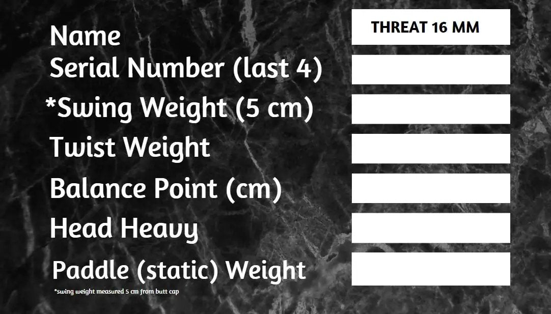 Threat 16 Paddle weight card with labeled swing weight, twist weight, balance point fields on Tampa Home & Garden Store