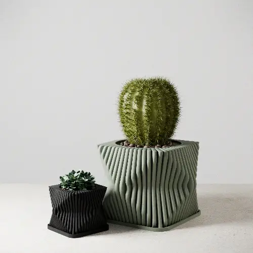 Tide Planter 2-pack green ribbed pot with cactus and small black ribbed pot with succulent on Tampa Home & Garden Store