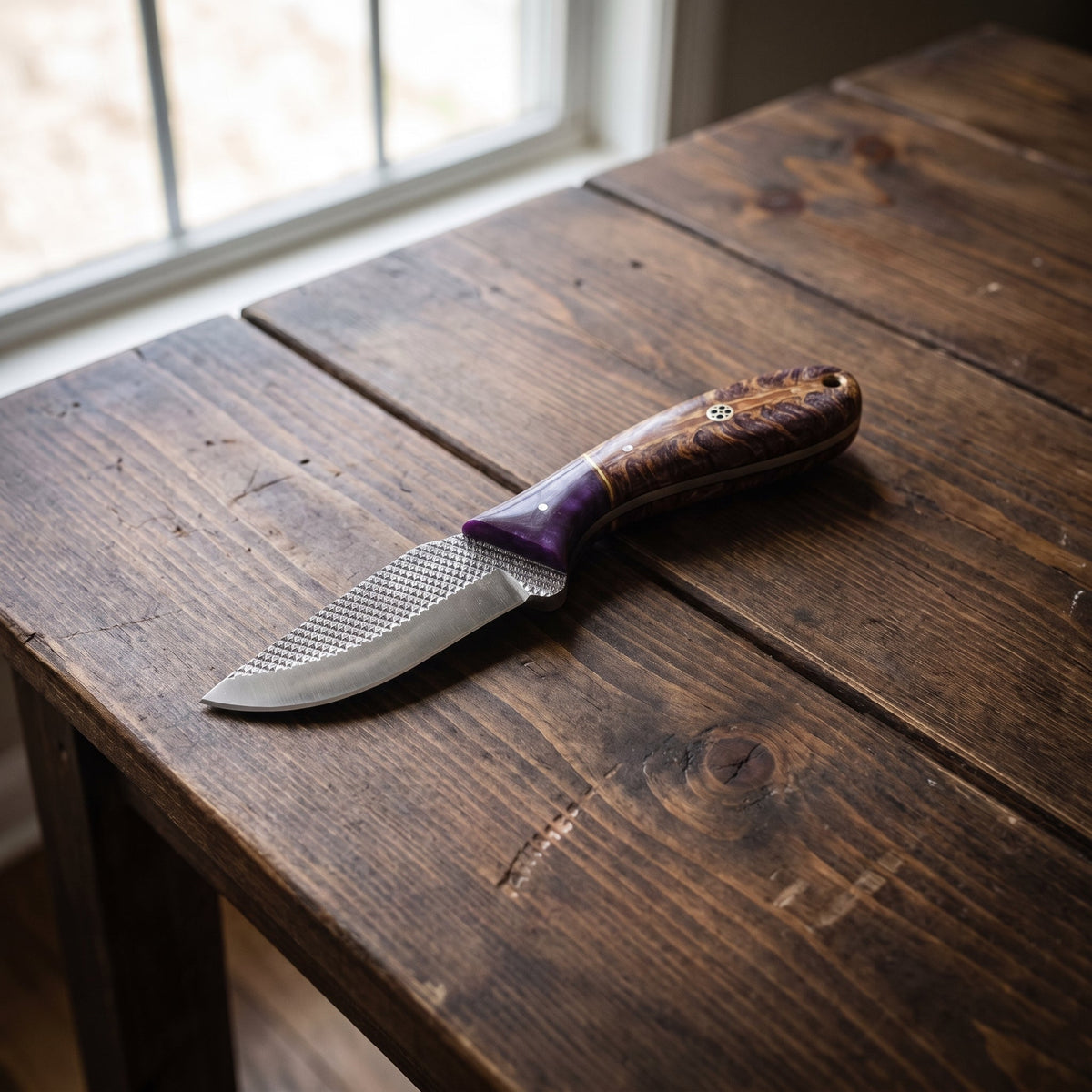 Titan Violet Burl Skinner fixed blade with high carbon rasp blade and burl wood handle on Tampa Home & Garden Store