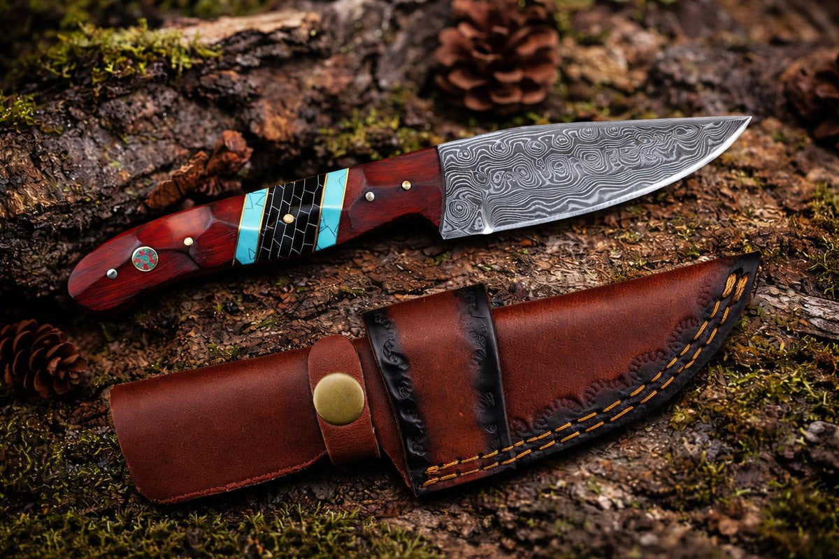 Hand-Forged Damascus Drop Point Outdoor Knife with rosewood turquoise handle leather sheath on Tampa Home & Garden Store