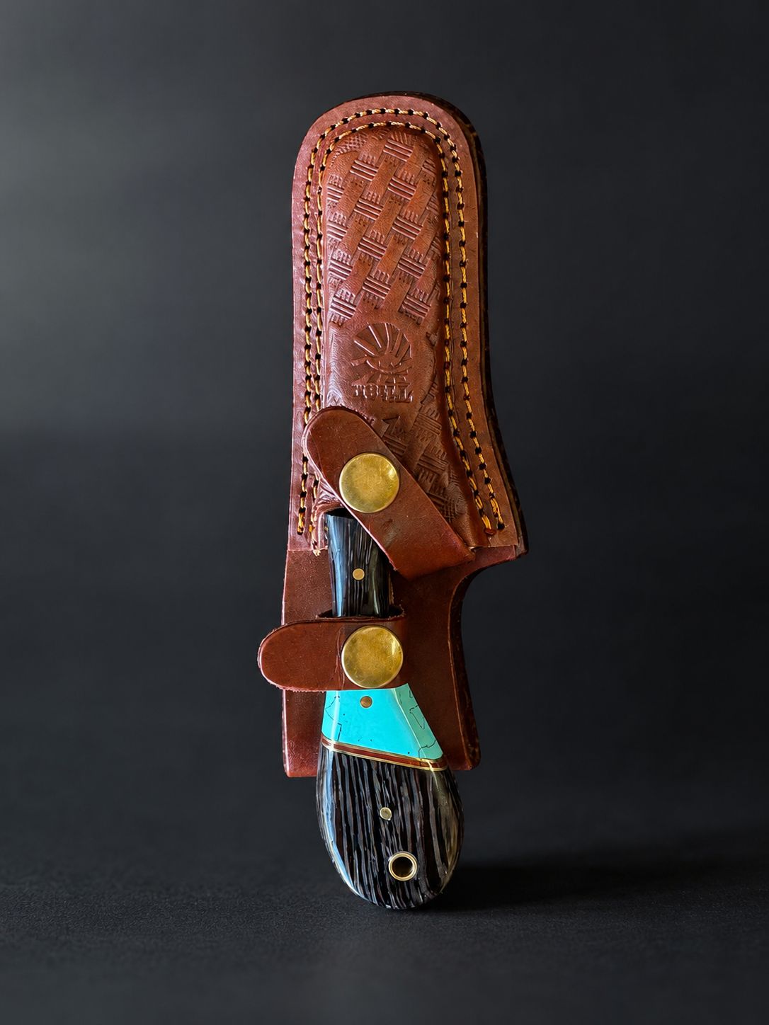 Titan Malachite Range Bull Cowboy Cutter knife with sheepfoot Damascus blade, turquoise inlay, wenge & malachite handle, engraved leather sheath on Tampa Home & Garden Store