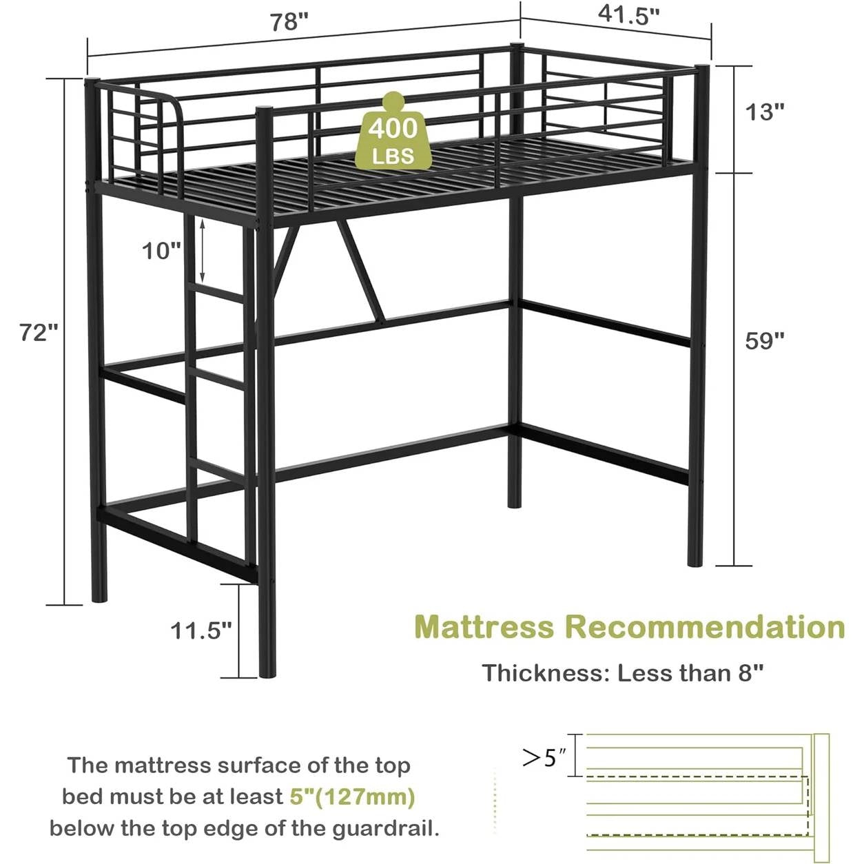 Cama alta individual de metal negro con escalera - Diseño que ahorra espacio