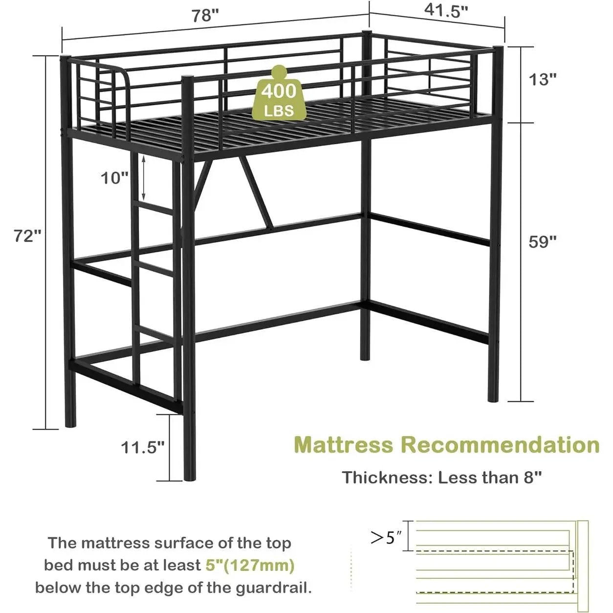 Twin size Black Metal Loft Bed Frame with Ladder - Space Saving Design - Tampa Home & Garden Store