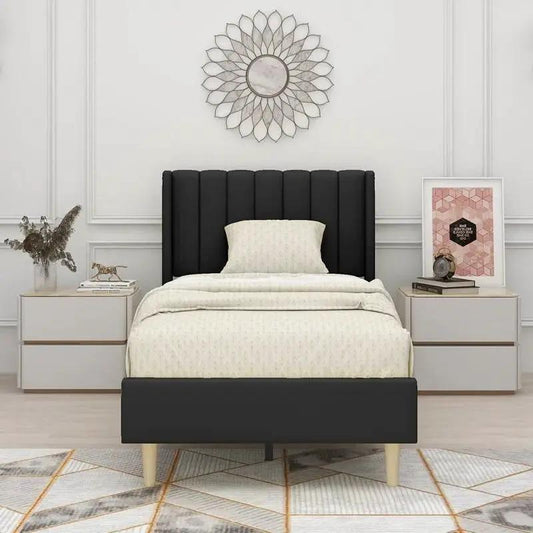 Twin Size Mid Century Black Linen Platform Bed by HomePacific with upholstered headboard on Tampa Home & Garden Store