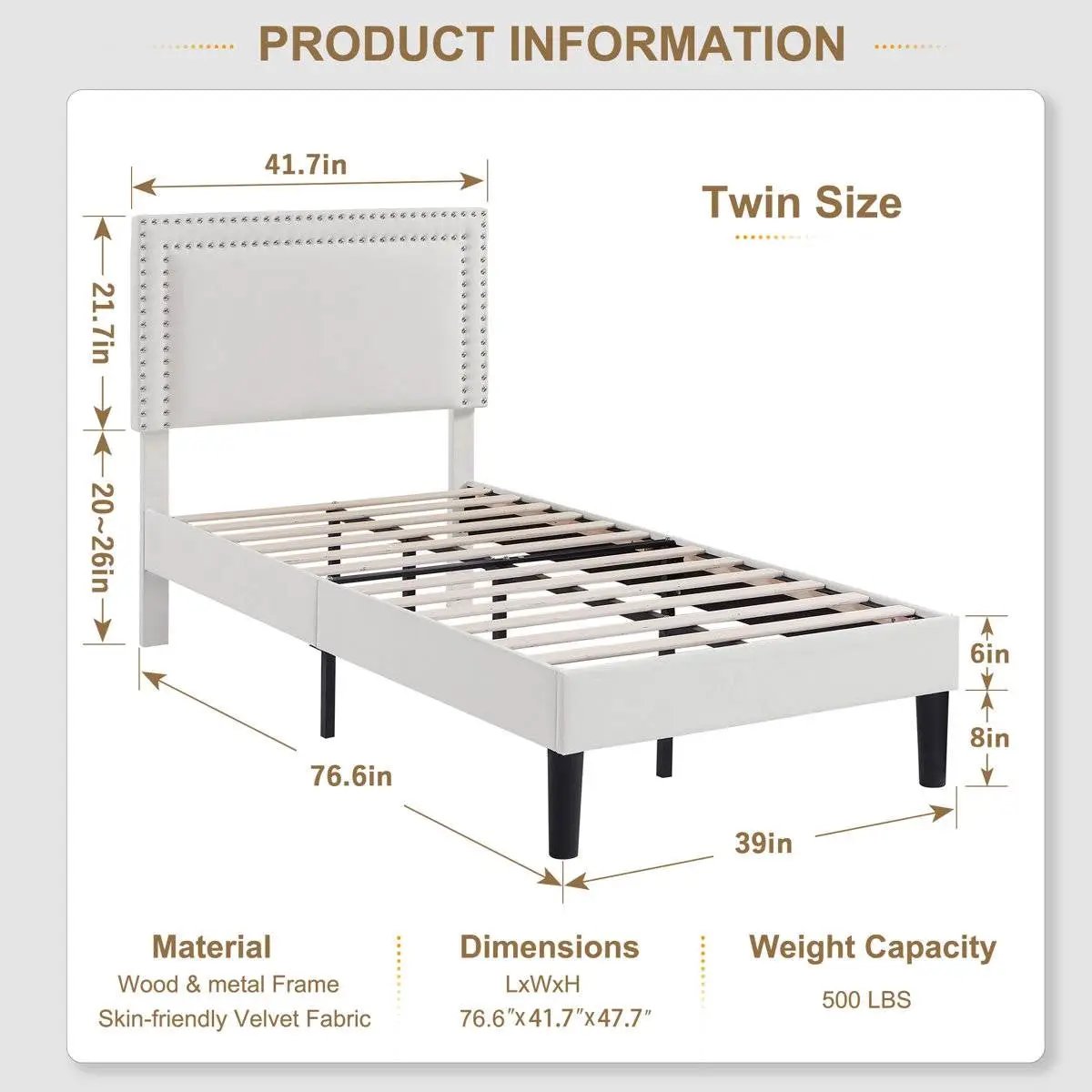 Set of 2 - Twin size White Tufted Upholstered Platform Bed Frame with Headboard - Tampa Home & Garden Store
