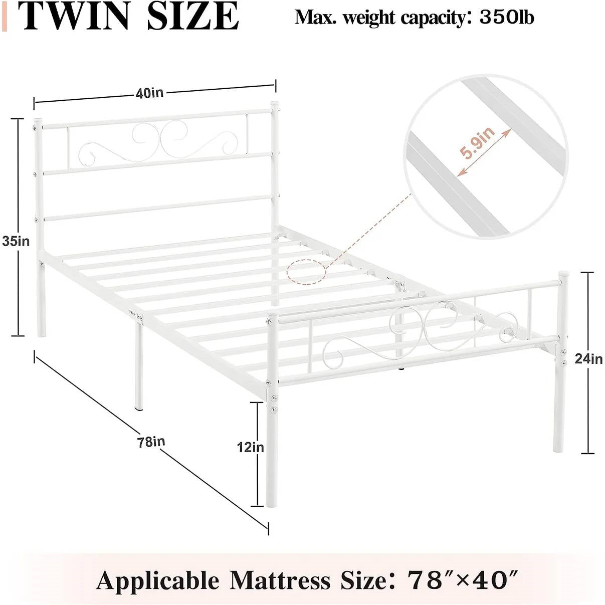 Base de cama doble de plataforma de metal blanco con cabecero y piecero